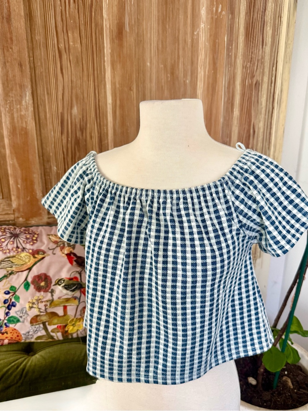 Zara Blue Gingham Off-Shoulder Crop Top